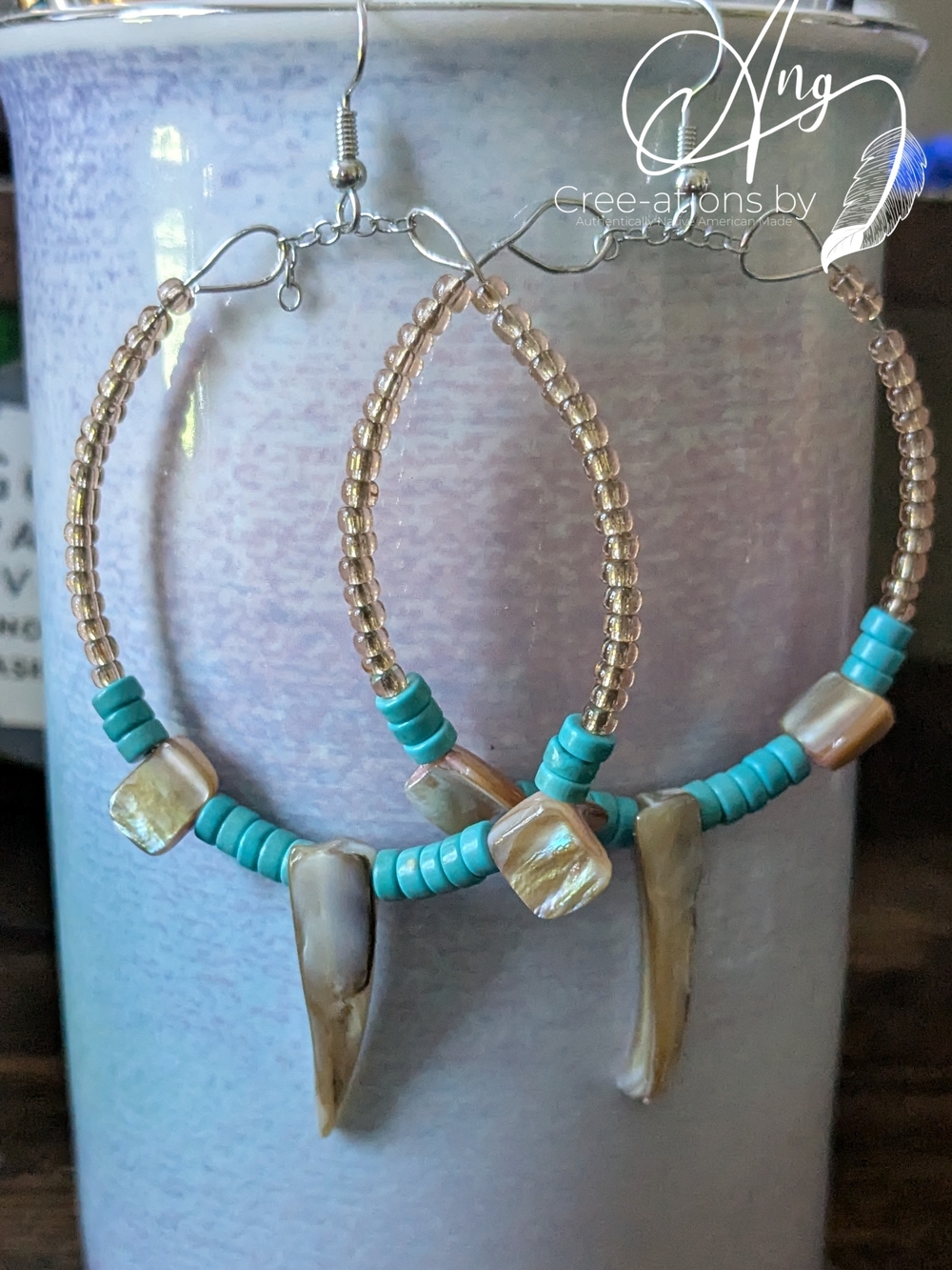Turquoise Beaded Hoop Earrings with Pearl Shell Accents